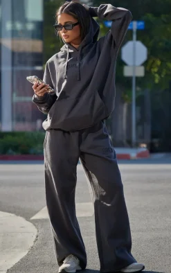 PRETTYLITTLETHING Charcoal Premium Embossed Wide Leg Sweatpants