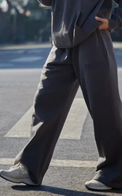 PRETTYLITTLETHING Charcoal Premium Embossed Wide Leg Sweatpants