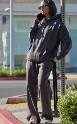 PRETTYLITTLETHING Charcoal Premium Embossed Wide Leg Sweatpants