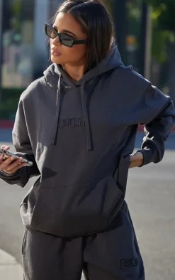 PRETTYLITTLETHING Charcoal Premium Embossed Oversized Hoodie