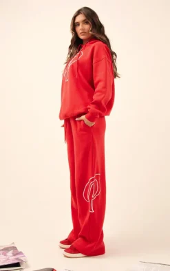 PRETTYLITTLETHING Cherry Red Logo Embroidered Straight Leg Sweatpants