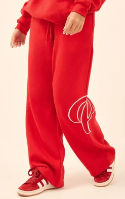 PRETTYLITTLETHING Cherry Red Logo Embroidered Straight Leg Sweatpants