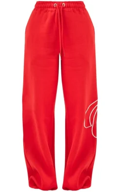 PRETTYLITTLETHING Cherry Red Logo Embroidered Straight Leg Sweatpants