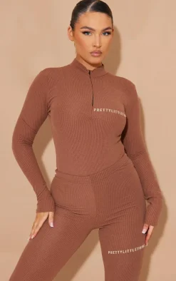PRETTYLITTLETHING Chocolate Rib Half Zip Bodysuit