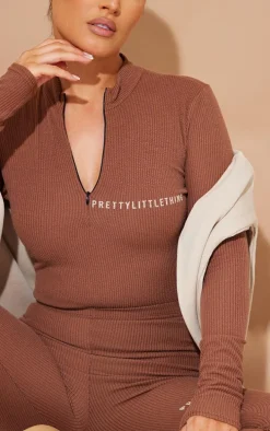 PRETTYLITTLETHING Chocolate Rib Half Zip Bodysuit