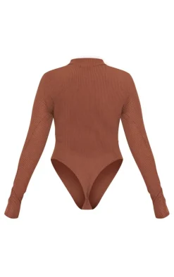 PRETTYLITTLETHING Chocolate Rib Half Zip Bodysuit