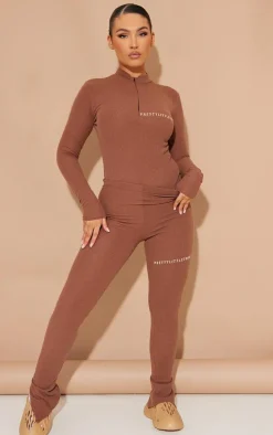 PRETTYLITTLETHING Chocolate Rib Split Hem Leggings