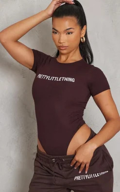 PRETTYLITTLETHING Chocolate Brown Logo Short Sleeved Bodysuit
