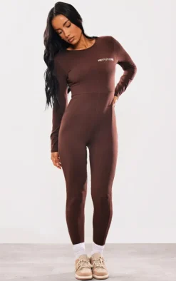 PRETTYLITTLETHING Chocolate Cotton Long Sleeve Jumpsuit