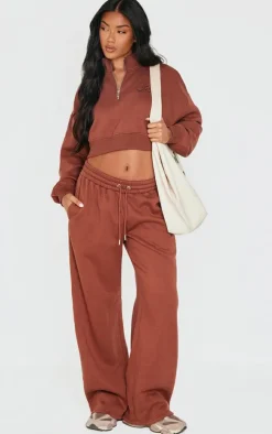 PRETTYLITTLETHING Chocolate Tonal Embroidered Cropped Half Zip Sweatshirt