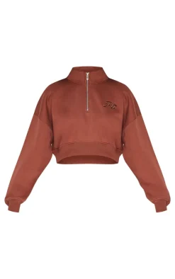 PRETTYLITTLETHING Chocolate Tonal Embroidered Cropped Half Zip Sweatshirt