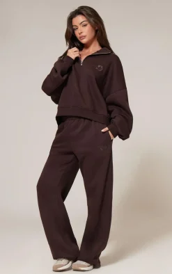 PRETTYLITTLETHING Chocolate Wide Leg Embroidered Sweatpants