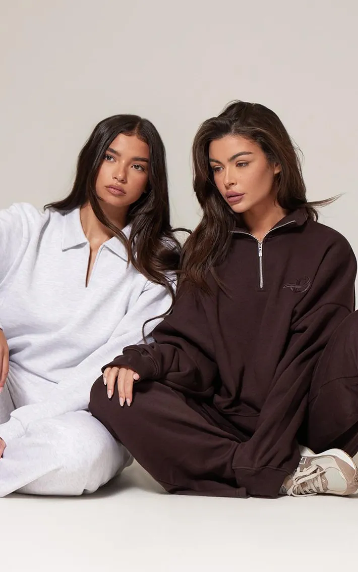 PRETTYLITTLETHING Chocolate Half Zip Embroidered Sweatshirt