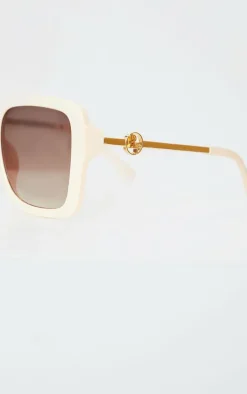 PRETTYLITTLETHING Cream Branded Oversized Square Sunglasses