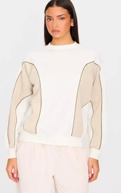 PRETTYLITTLETHING Cream Embroidered Contrast Binding Sweatshirt