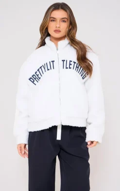 PRETTYLITTLETHING Cream Graphic Zip Up Fleece Jacket