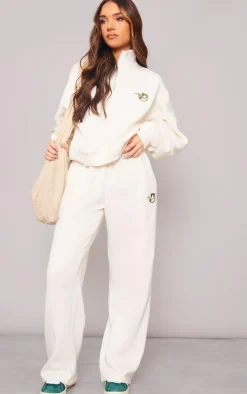 PRETTYLITTLETHING Cream Logo Embroidered Wide Leg Sweatpants