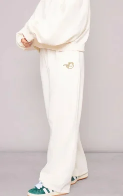 PRETTYLITTLETHING Cream Logo Embroidered Wide Leg Sweatpants