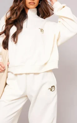 PRETTYLITTLETHING Cream Logo Embroidered Wide Leg Sweatpants