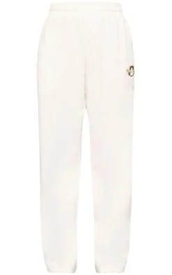 PRETTYLITTLETHING Cream Logo Embroidered Wide Leg Sweatpants