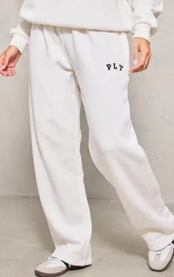 PRETTYLITTLETHING Cream Logo Oversized Wide Leg Sweatpants
