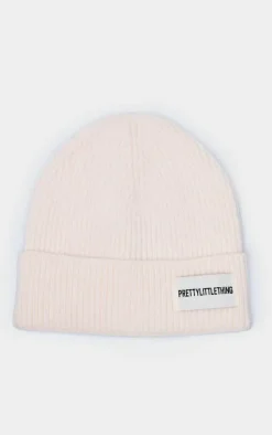 PRETTYLITTLETHING Cream Logo Rib Beanie