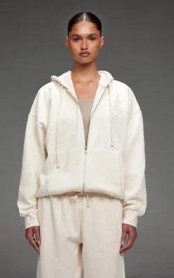 PRETTYLITTLETHING Cream Premium Embroidered Zip Front Oversized Hoodie