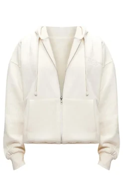 PRETTYLITTLETHING Cream Premium Embroidered Zip Front Oversized Hoodie