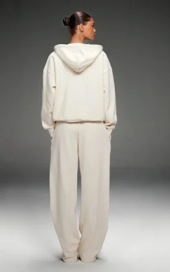 PRETTYLITTLETHING Cream Premium Embroidered Oversized Wide Leg Sweatpants