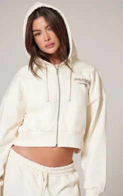 PRETTYLITTLETHING Cream Premium Print Zip Front Hoodie