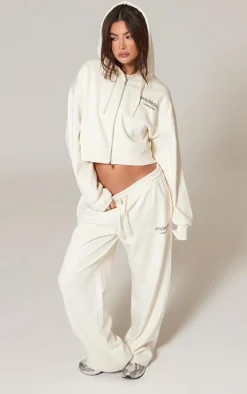 PRETTYLITTLETHING Cream Premium Print Zip Front Hoodie