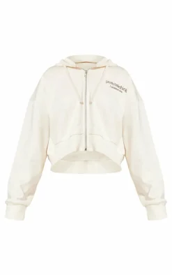 PRETTYLITTLETHING Cream Premium Print Zip Front Hoodie