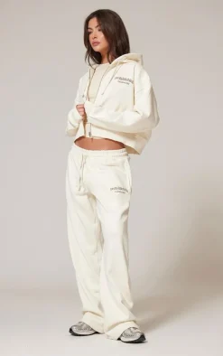 PRETTYLITTLETHING Cream Premium Print Wide Leg Sweatpants