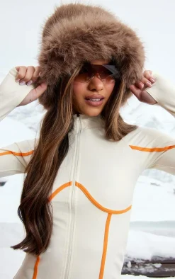 PRETTYLITTLETHING Cream Ski Contrast Seam Sculpt Jacket & Leggings Set