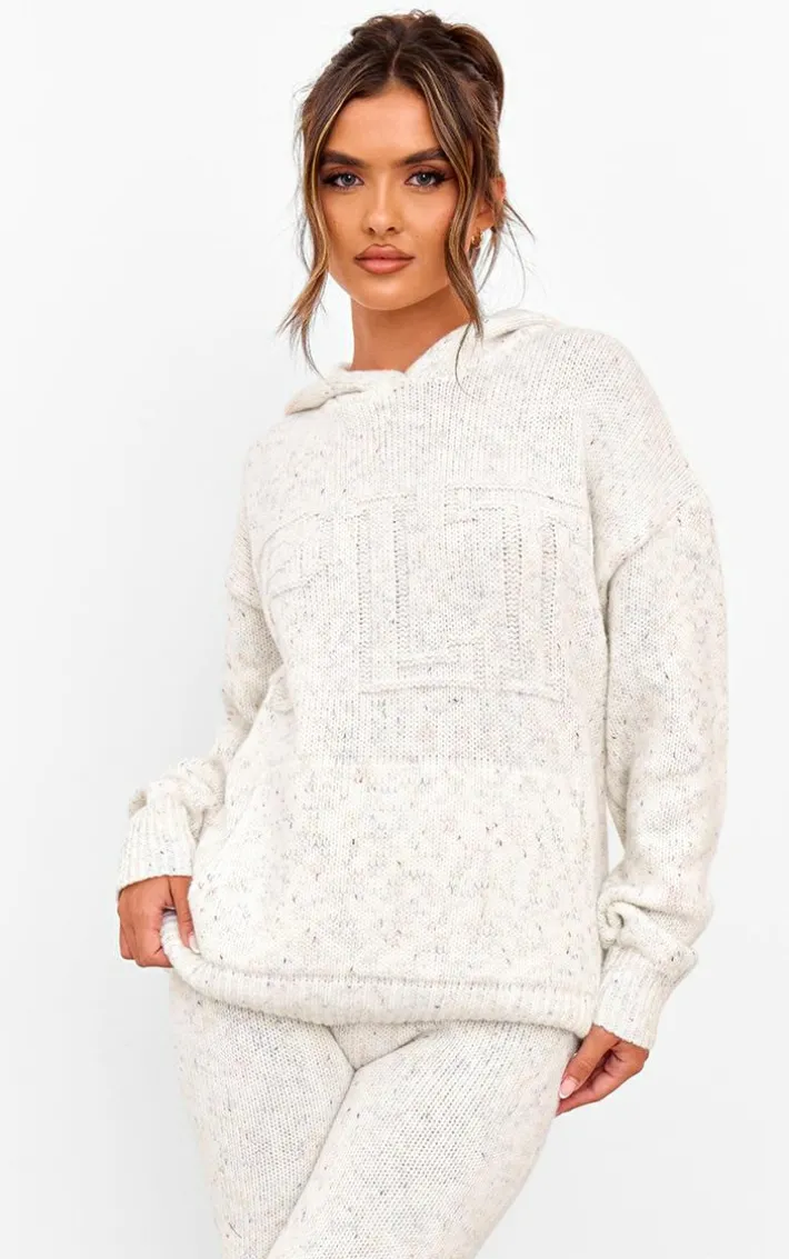 PRETTYLITTLETHING Cream Space Dye Oversized Knitted Hoodie