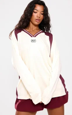 PRETTYLITTLETHING Cream Studio Mode Long Sleeve Football Shirt