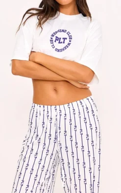 PRETTYLITTLETHING Cream Weekend Club Long PJ Set