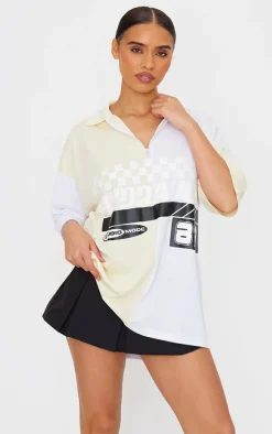 PRETTYLITTLETHING Cream Zip Up Short Sleeve Football Shirt