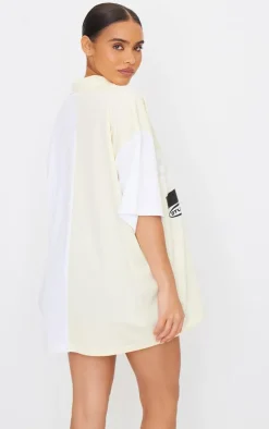 PRETTYLITTLETHING Cream Zip Up Short Sleeve Football Shirt