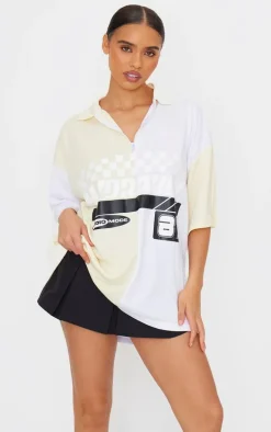 PRETTYLITTLETHING Cream Zip Up Short Sleeve Football Shirt