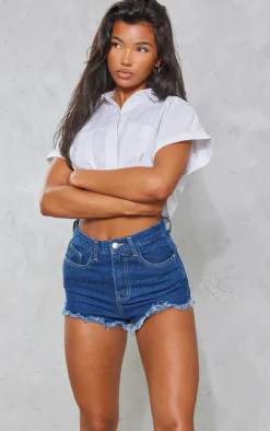 PRETTYLITTLETHING Dark Blue Wash Frayed Hem Denim Shorts
