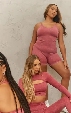 PRETTYLITTLETHING Dark Red Plus Acid Wash Seamless Gym Unitard