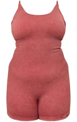 PRETTYLITTLETHING Dark Red Plus Acid Wash Seamless Gym Unitard
