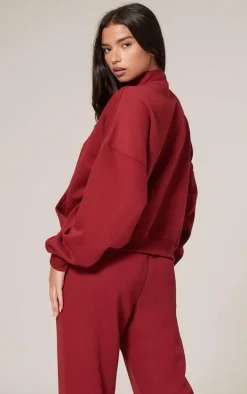 PRETTYLITTLETHING Dark Red Borg Applique Quarter Zip Sweatshirt