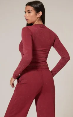 PRETTYLITTLETHING Dark Red Washed Longline Long Sleeve Cotton Fitted T-shirt