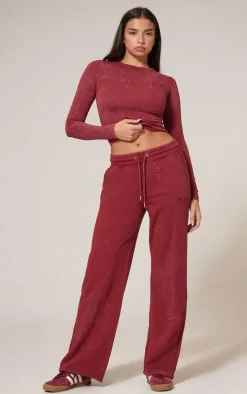 PRETTYLITTLETHING Dark Red Washed Longline Long Sleeve Cotton Fitted T-shirt