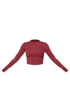 PRETTYLITTLETHING Dark Red Washed Longline Long Sleeve Cotton Fitted T-shirt