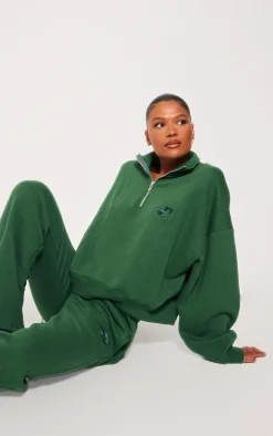 PRETTYLITTLETHING Forest Green Logo Embroidered Half Zip Sweatshirt