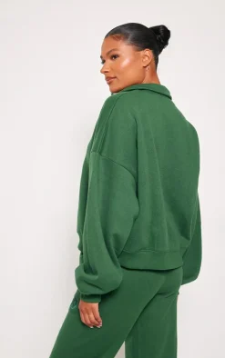 PRETTYLITTLETHING Forest Green Logo Embroidered Half Zip Sweatshirt
