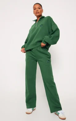 PRETTYLITTLETHING Forest Green Logo Embroidered Wide Leg Sweatpants